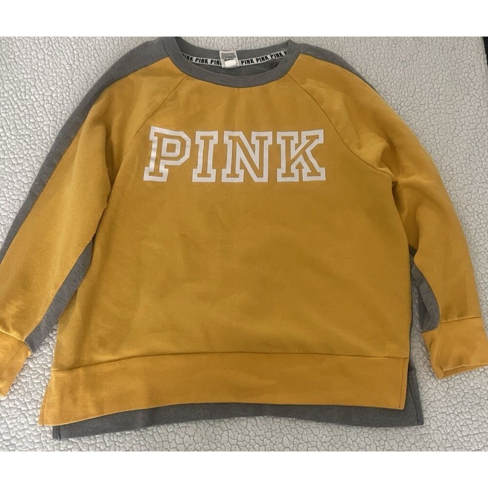 Victoria Secret PINK Sweater Large Yellow Gray Logo Long Sleeve Crew Neck New